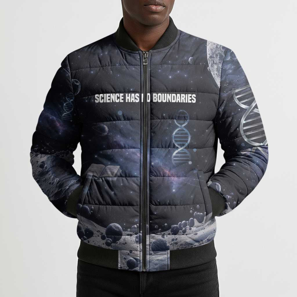 Mae Jemison Bomber Puffer Jacket with Space Portrait Design, Science Has No Boundaries Quote and DNA Book Elements - Wonder Print Shop