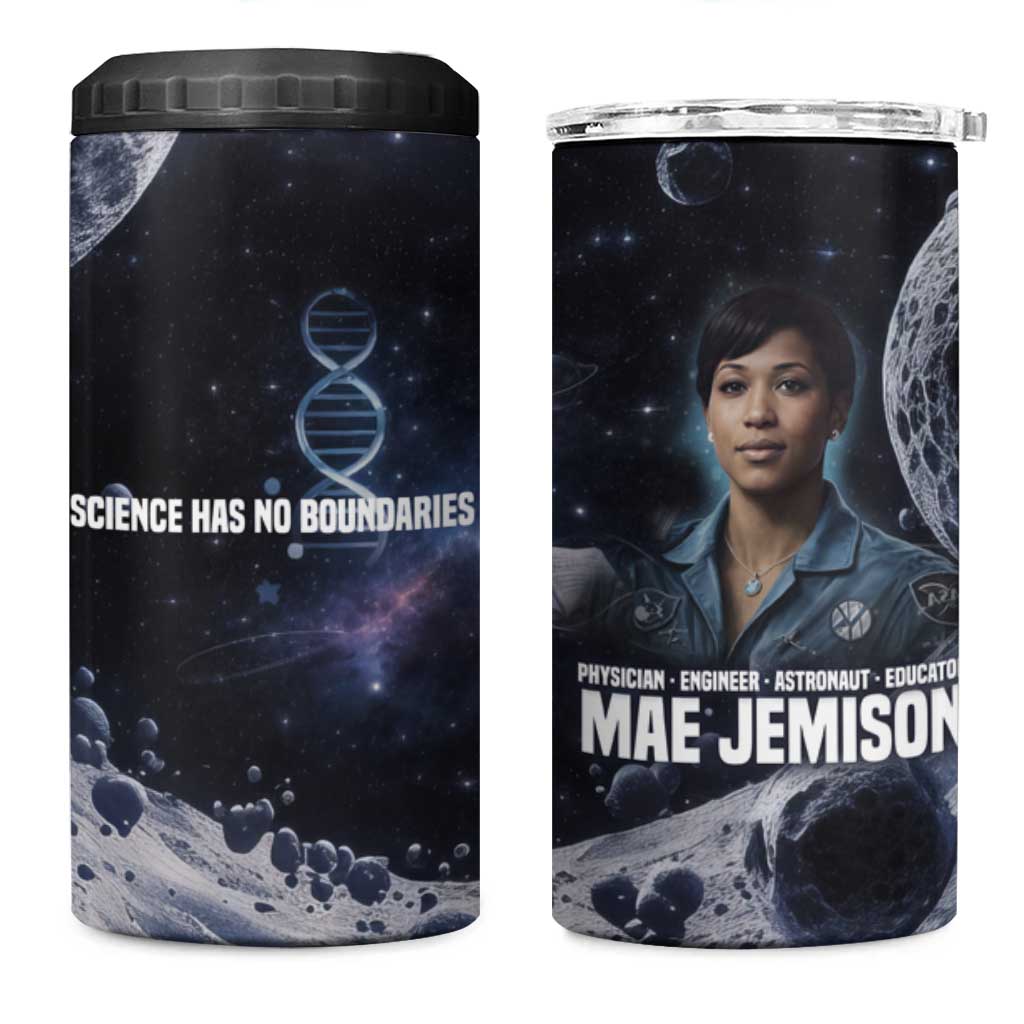Mae Jemison 4 in 1 Can Cooler Tumbler with Space Portrait Design, Science Has No Boundaries Quote and DNA Book Elements - Wonder Print Shop