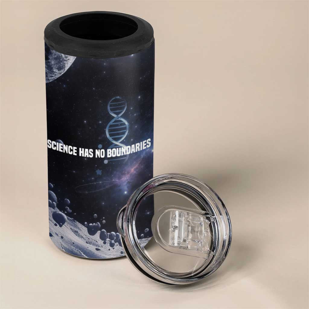 Mae Jemison 4 in 1 Can Cooler Tumbler with Space Portrait Design, Science Has No Boundaries Quote and DNA Book Elements - Wonder Print Shop