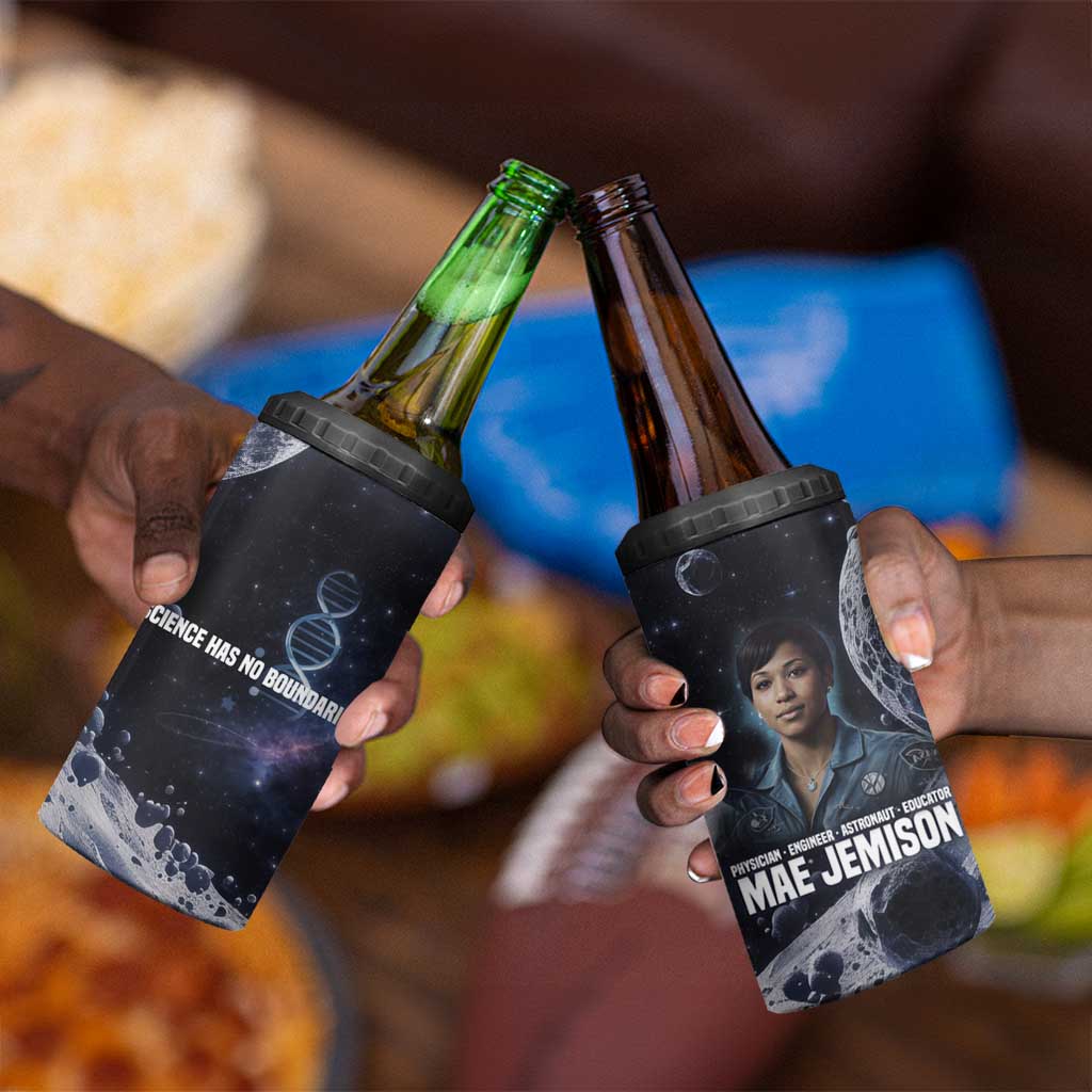 Mae Jemison 4 in 1 Can Cooler Tumbler with Space Portrait Design, Science Has No Boundaries Quote and DNA Book Elements - Wonder Print Shop