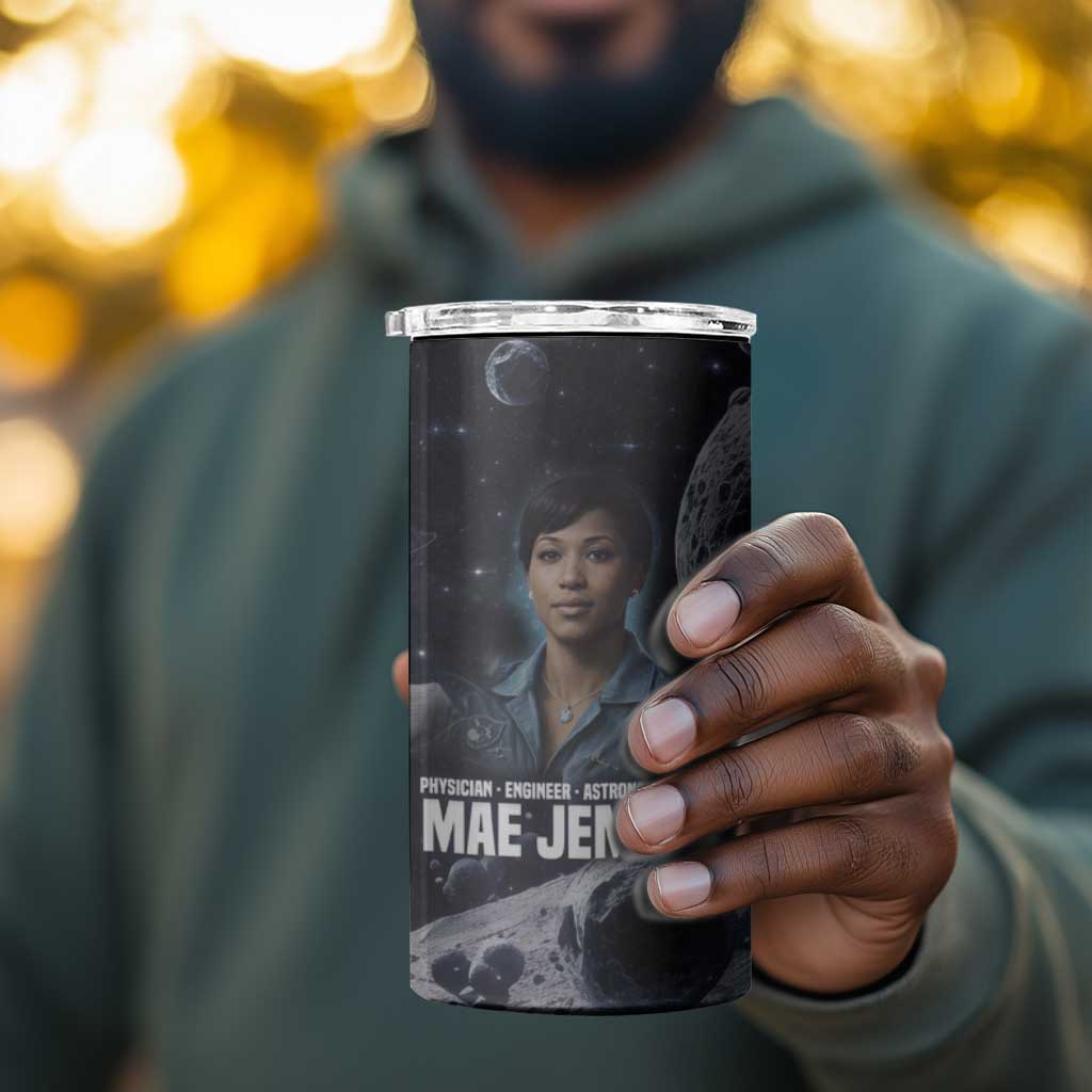 Mae Jemison 4 in 1 Can Cooler Tumbler with Space Portrait Design, Science Has No Boundaries Quote and DNA Book Elements - Wonder Print Shop