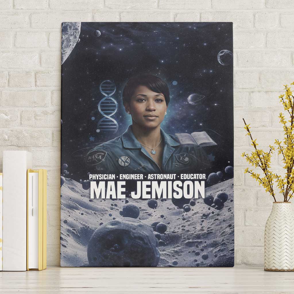 Mae Jemison Canvas Wall Art with Space Portrait Design, Science Has No Boundaries Quote and DNA Book Elements - Wonder Print Shop