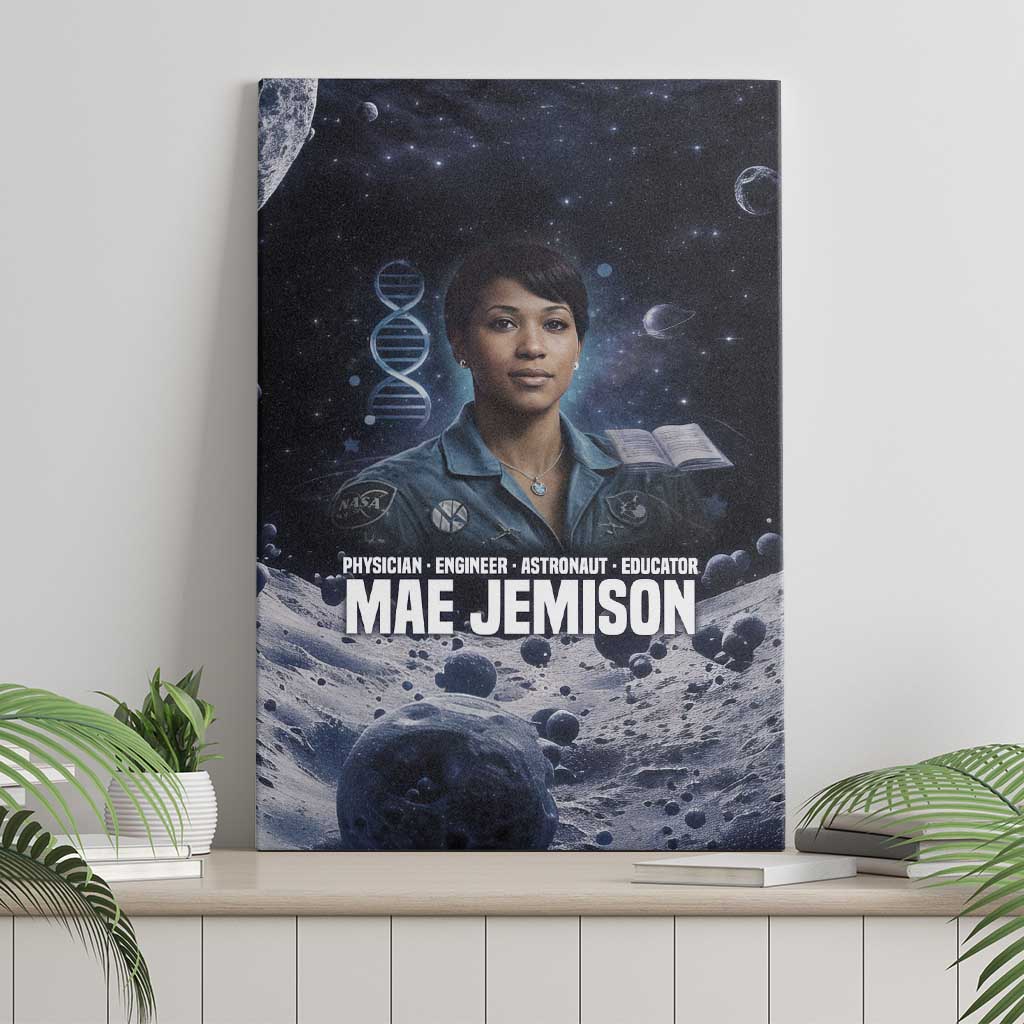 Mae Jemison Canvas Wall Art with Space Portrait Design, Science Has No Boundaries Quote and DNA Book Elements - Wonder Print Shop