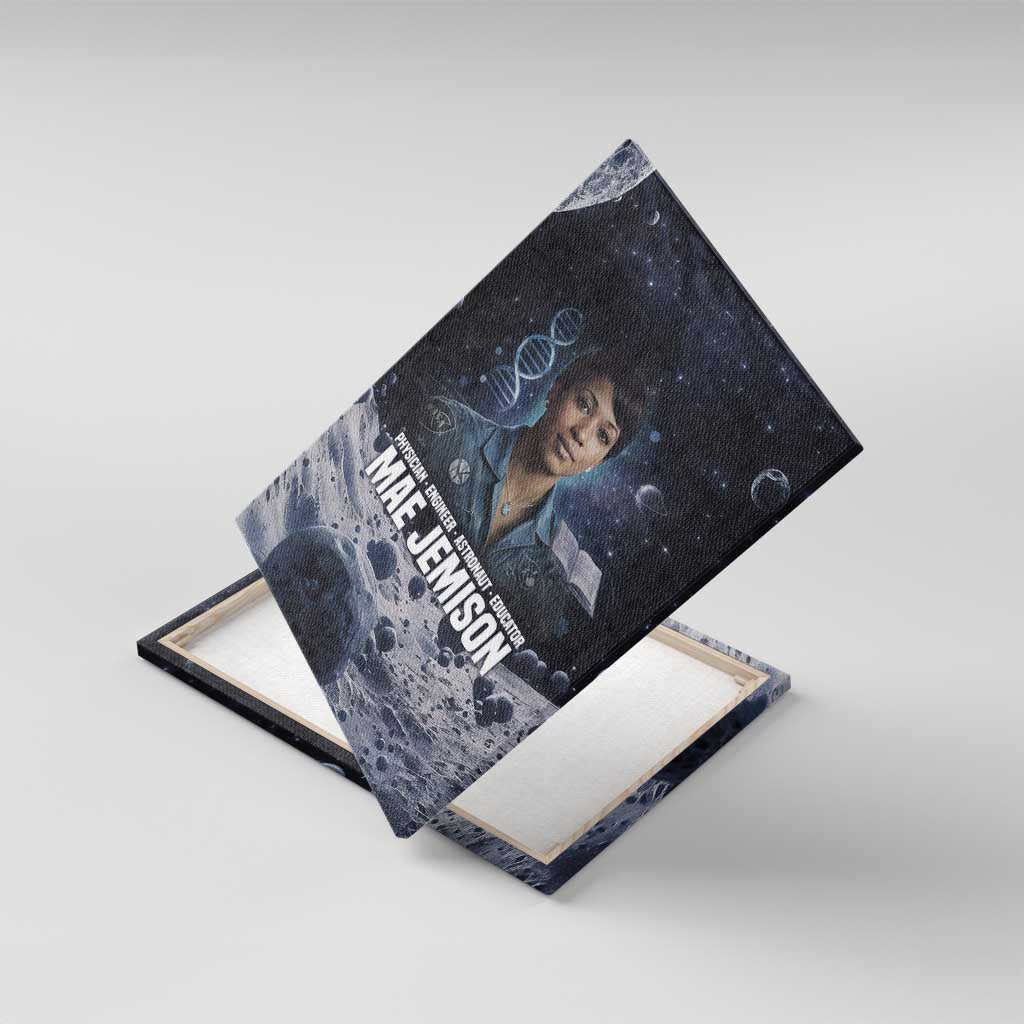 Mae Jemison Canvas Wall Art with Space Portrait Design, Science Has No Boundaries Quote and DNA Book Elements - Wonder Print Shop