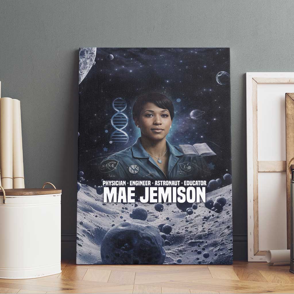Mae Jemison Canvas Wall Art with Space Portrait Design, Science Has No Boundaries Quote and DNA Book Elements - Wonder Print Shop