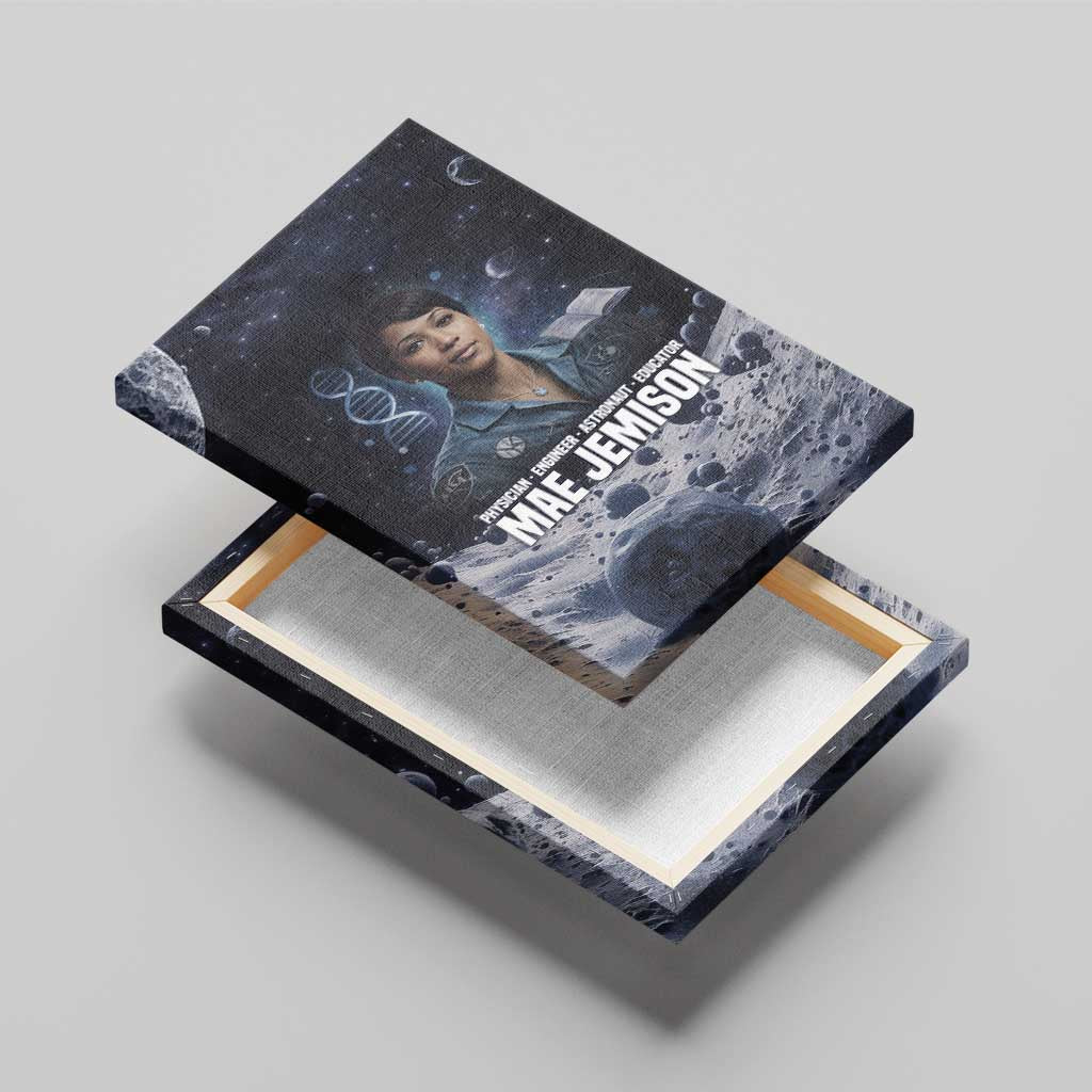 Mae Jemison Canvas Wall Art with Space Portrait Design, Science Has No Boundaries Quote and DNA Book Elements - Wonder Print Shop