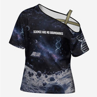 Mae Jemison Cross Shoulder Shirt with Space Portrait Design, Science Has No Boundaries Quote and DNA Book Elements - Wonder Print Shop