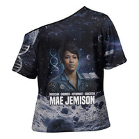 Mae Jemison Cross Shoulder Shirt with Space Portrait Design, Science Has No Boundaries Quote and DNA Book Elements - Wonder Print Shop