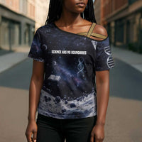 Mae Jemison Cross Shoulder Shirt with Space Portrait Design, Science Has No Boundaries Quote and DNA Book Elements - Wonder Print Shop