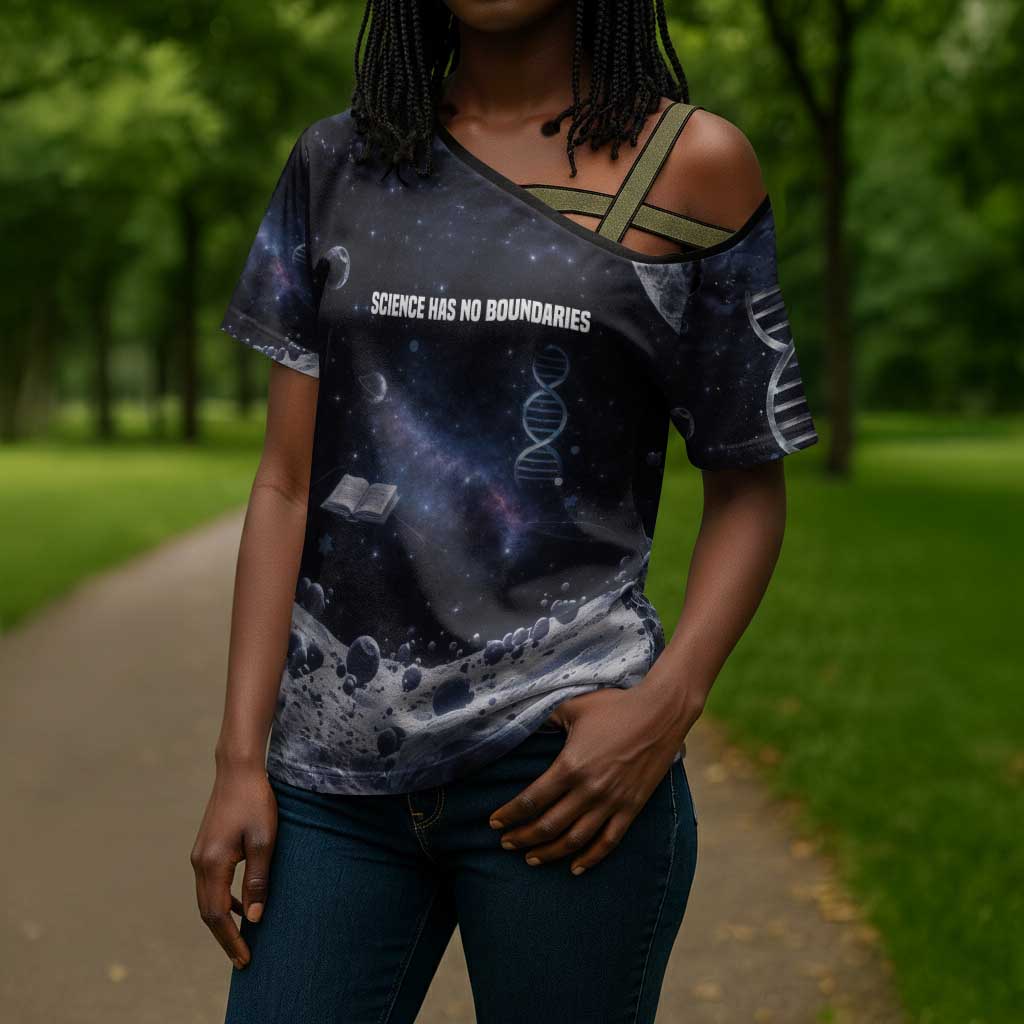 Mae Jemison Cross Shoulder Shirt with Space Portrait Design, Science Has No Boundaries Quote and DNA Book Elements - Wonder Print Shop