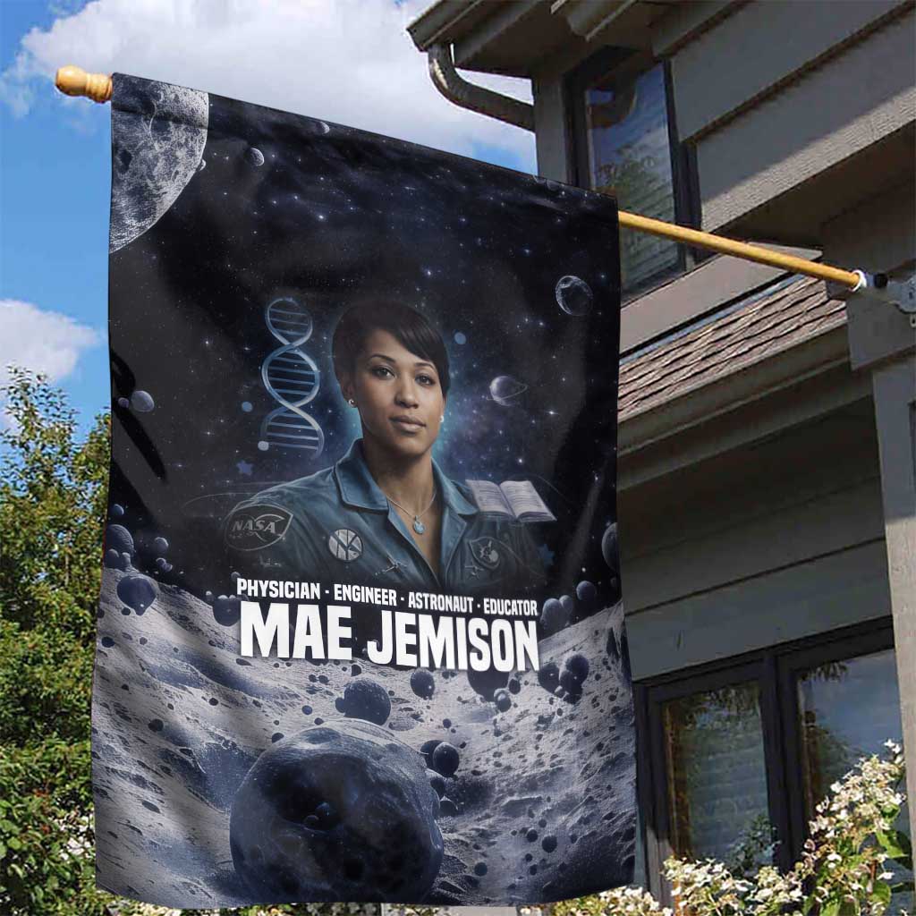 Mae Jemison Garden Flag with Space Portrait Design, Science Has No Boundaries Quote and DNA Book Elements - Wonder Print Shop