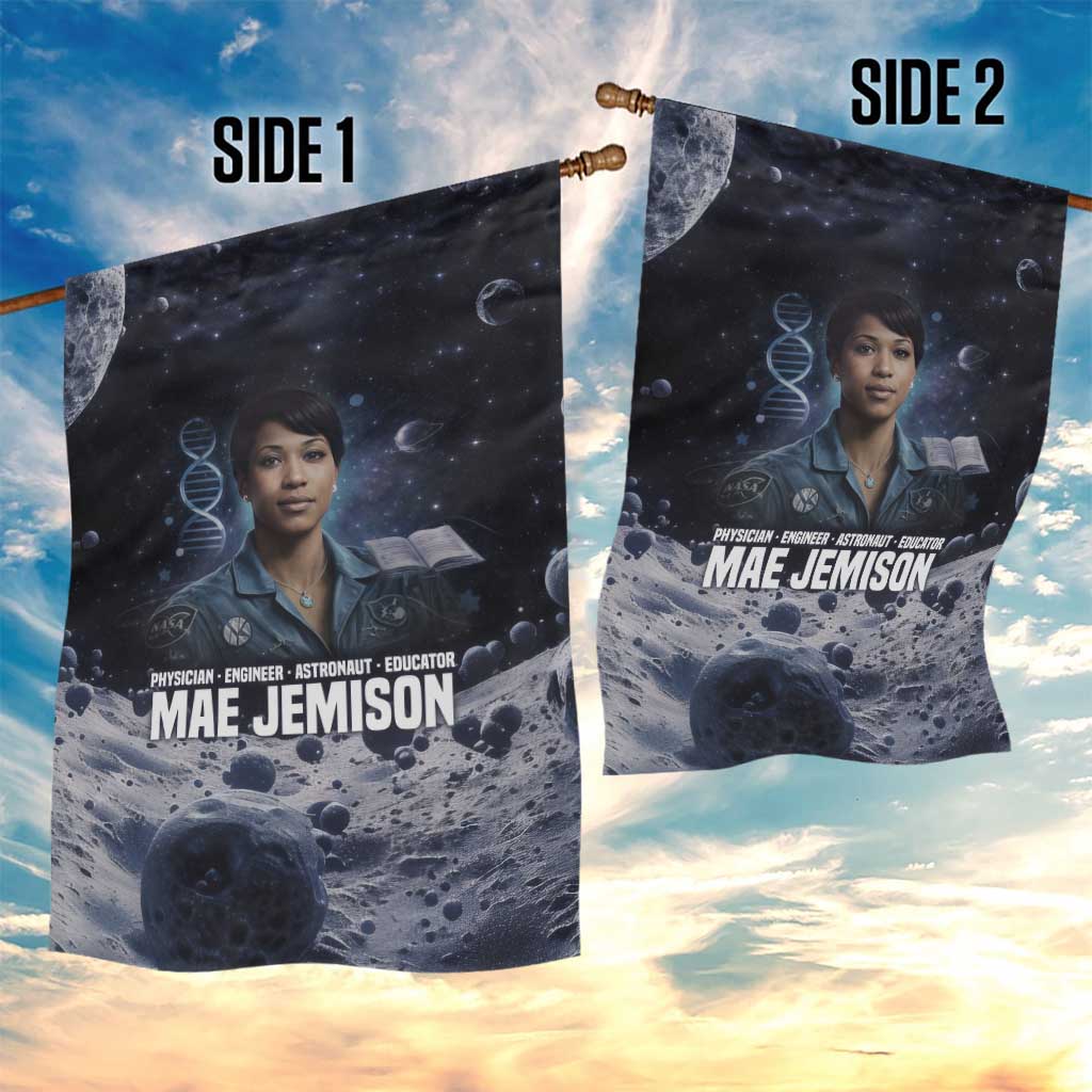 Mae Jemison Garden Flag with Space Portrait Design, Science Has No Boundaries Quote and DNA Book Elements - Wonder Print Shop