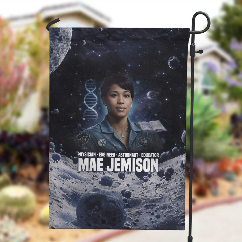 Mae Jemison Garden Flag with Space Portrait Design, Science Has No Boundaries Quote and DNA Book Elements - Wonder Print Shop