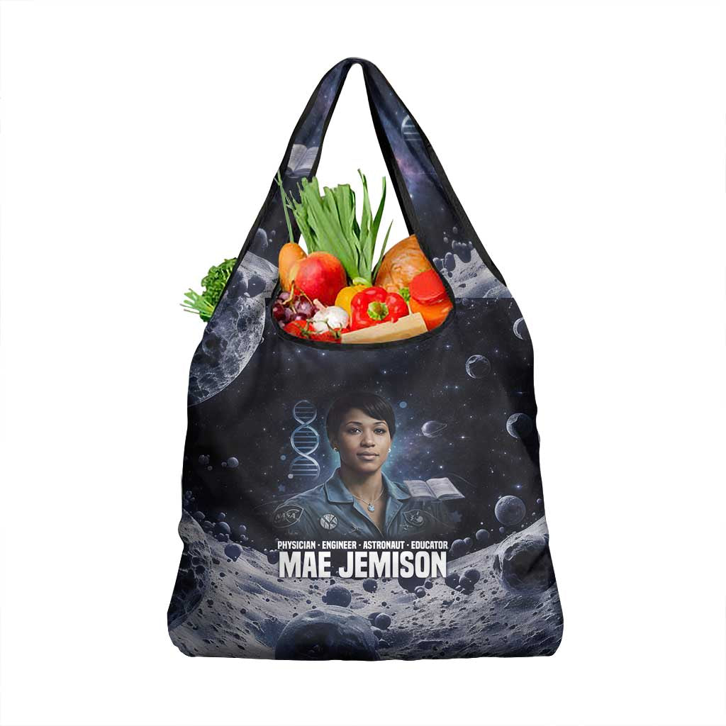 Mae Jemison Grocery Bag with Space Portrait Design, Science Has No Boundaries Quote and DNA Book Elements - Wonder Print Shop