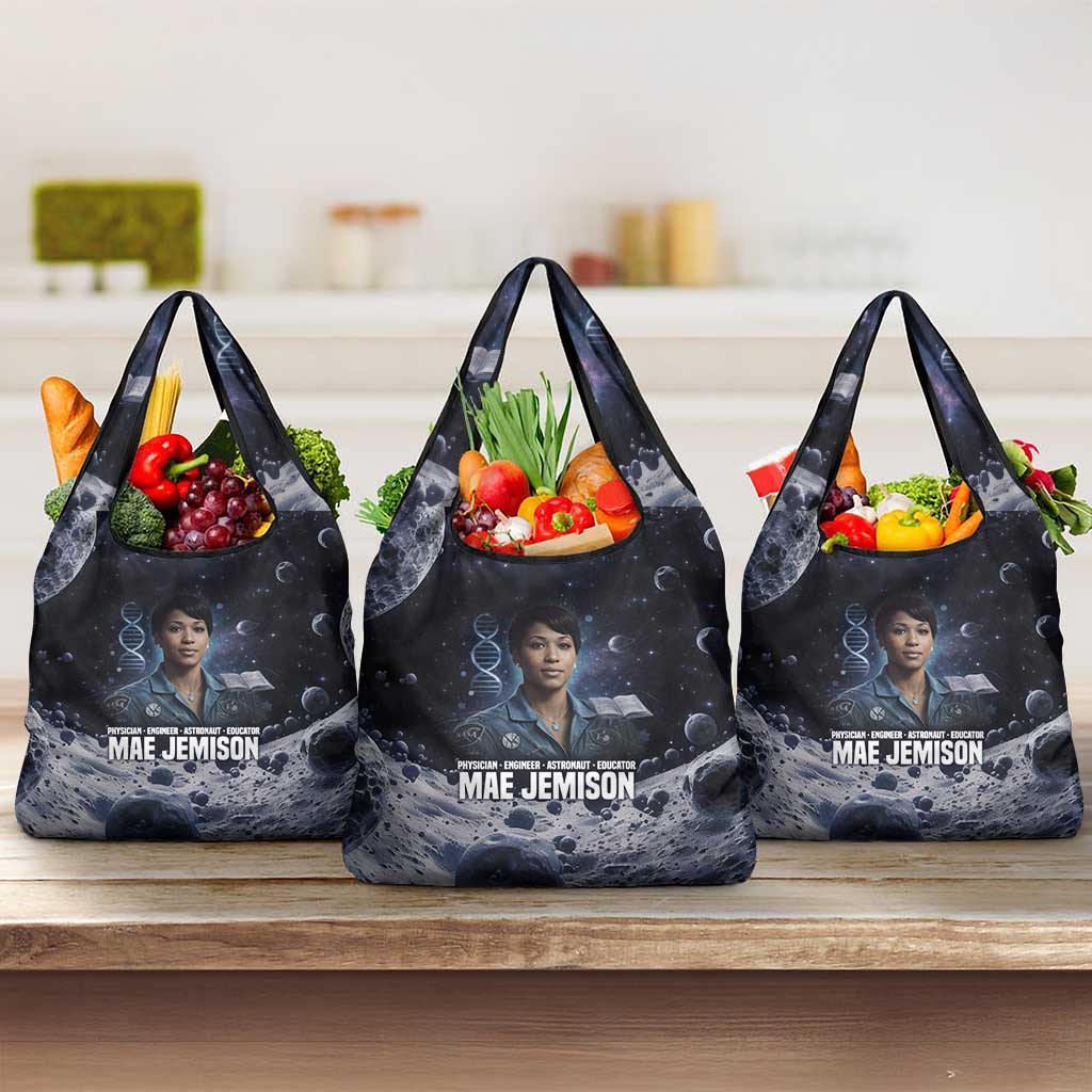 Mae Jemison Grocery Bag with Space Portrait Design, Science Has No Boundaries Quote and DNA Book Elements - Wonder Print Shop