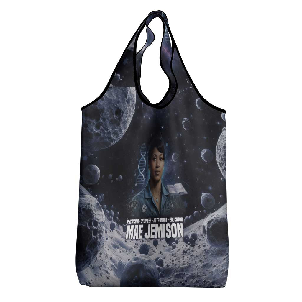 Mae Jemison Grocery Bag with Space Portrait Design, Science Has No Boundaries Quote and DNA Book Elements - Wonder Print Shop