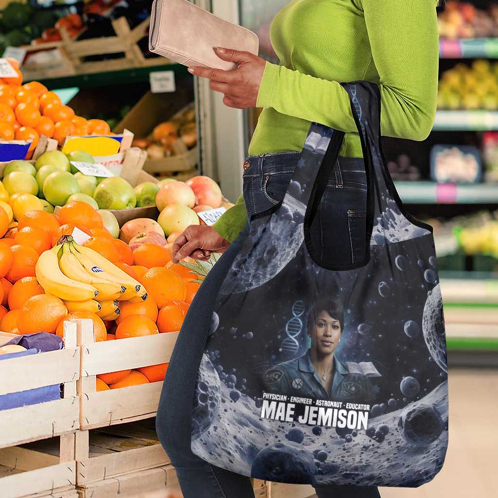 Mae Jemison Grocery Bag with Space Portrait Design, Science Has No Boundaries Quote and DNA Book Elements - Wonder Print Shop