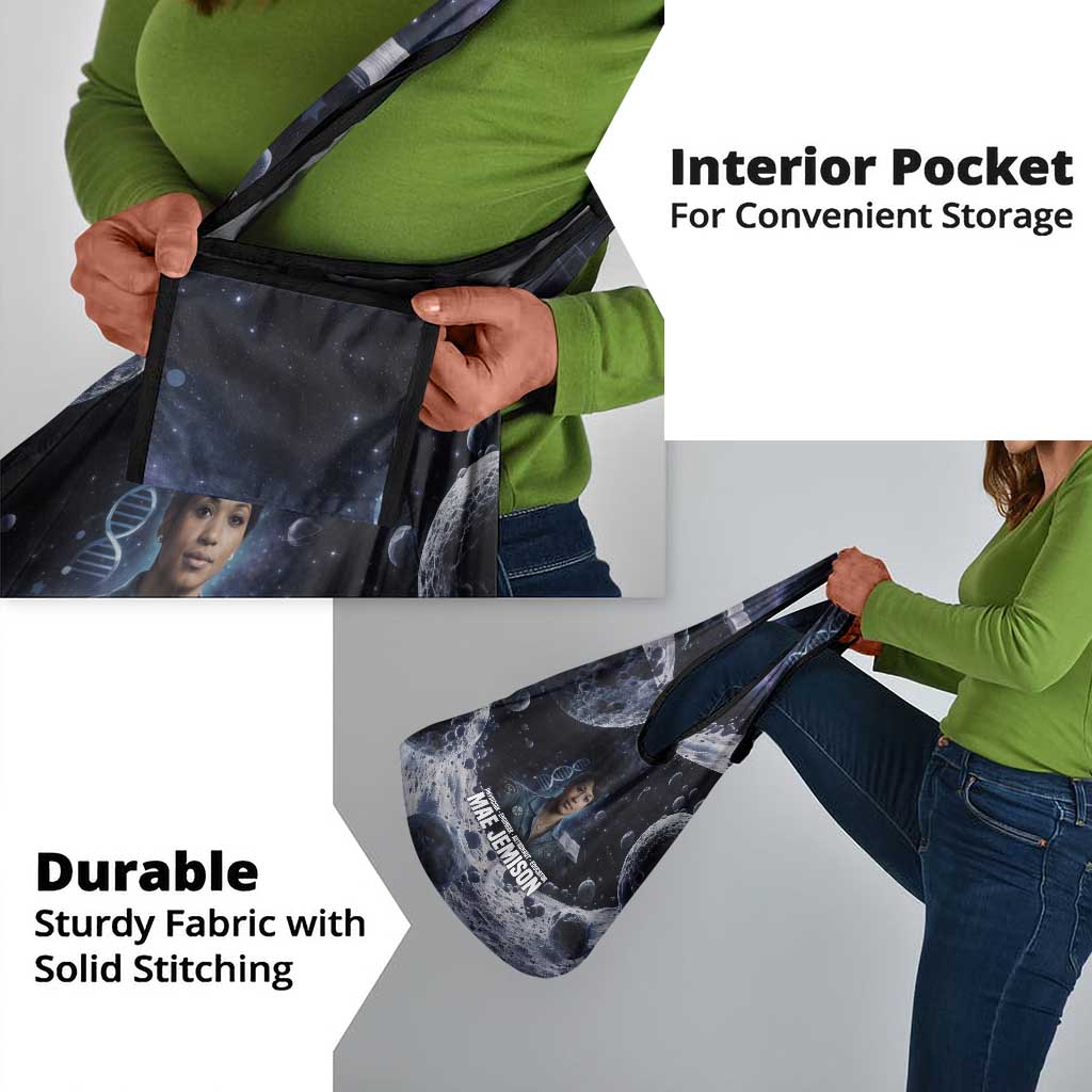 Mae Jemison Grocery Bag with Space Portrait Design, Science Has No Boundaries Quote and DNA Book Elements - Wonder Print Shop