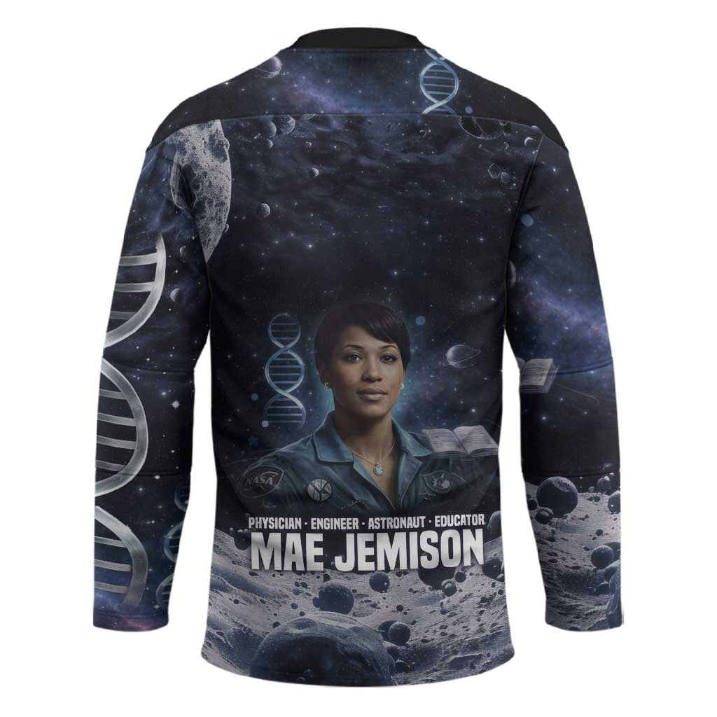 Mae Jemison Hockey Jersey with Space Portrait Design, Science Has No Boundaries Quote and DNA Book Elements - Wonder Print Shop