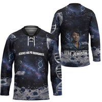 Mae Jemison Hockey Jersey with Space Portrait Design, Science Has No Boundaries Quote and DNA Book Elements - Wonder Print Shop