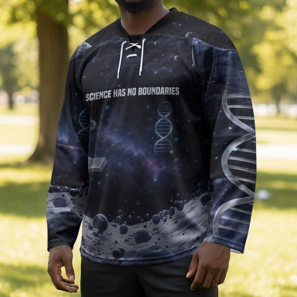 Mae Jemison Hockey Jersey with Space Portrait Design, Science Has No Boundaries Quote and DNA Book Elements - Wonder Print Shop