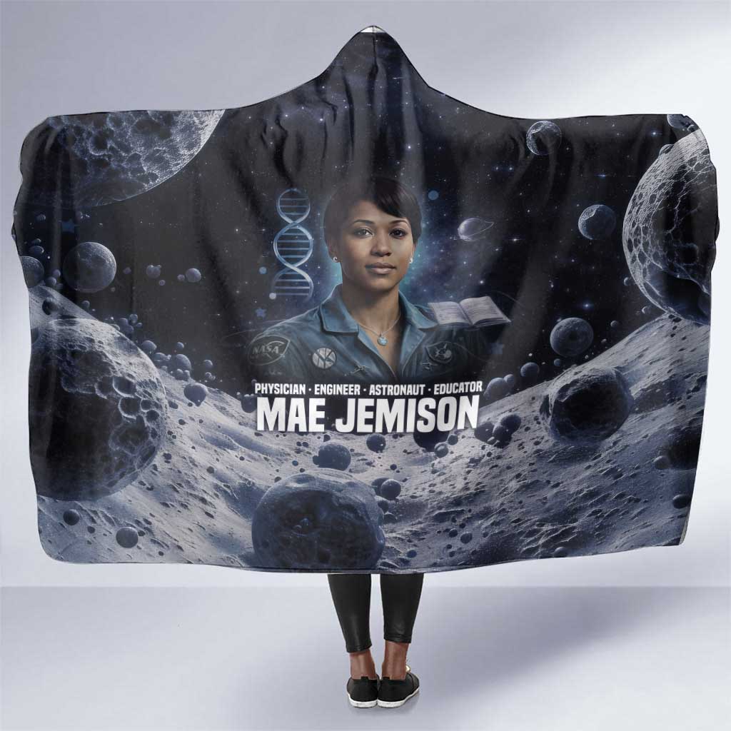Mae Jemison Hooded Blanket with Space Portrait Design, Science Has No Boundaries Quote and DNA Book Elements - Wonder Print Shop