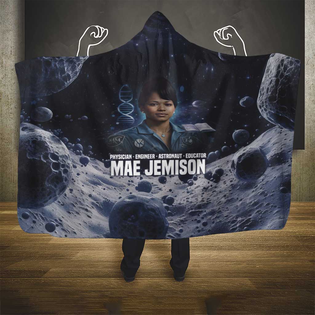 Mae Jemison Hooded Blanket with Space Portrait Design, Science Has No Boundaries Quote and DNA Book Elements - Wonder Print Shop