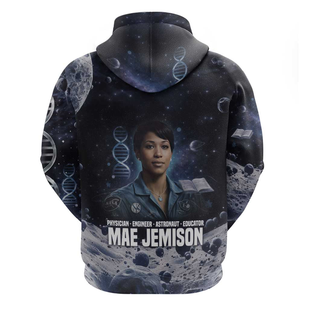 Mae Jemison Hoodie with Space Portrait Design, Science Has No Boundaries Quote and DNA Book Elements - Wonder Print Shop