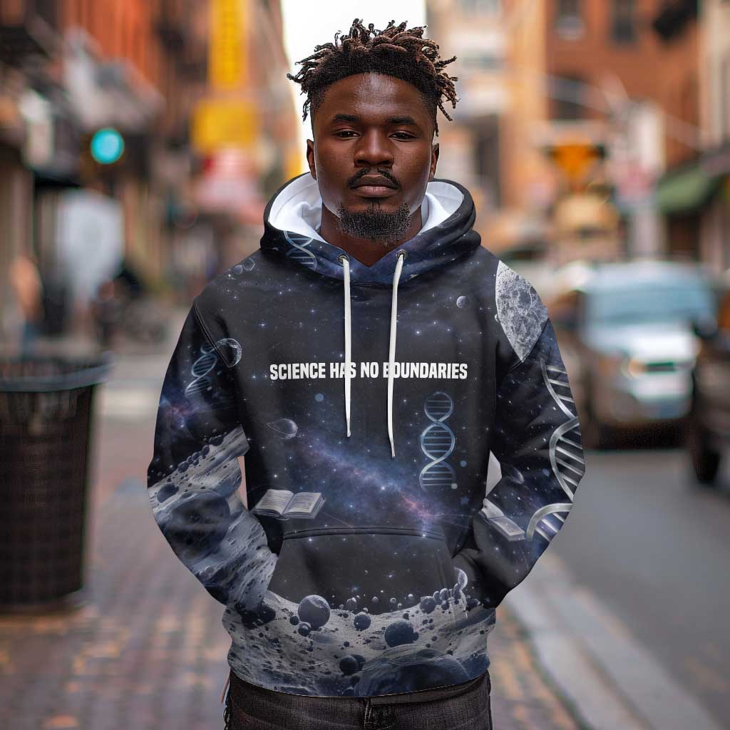 Mae Jemison Hoodie with Space Portrait Design, Science Has No Boundaries Quote and DNA Book Elements - Wonder Print Shop