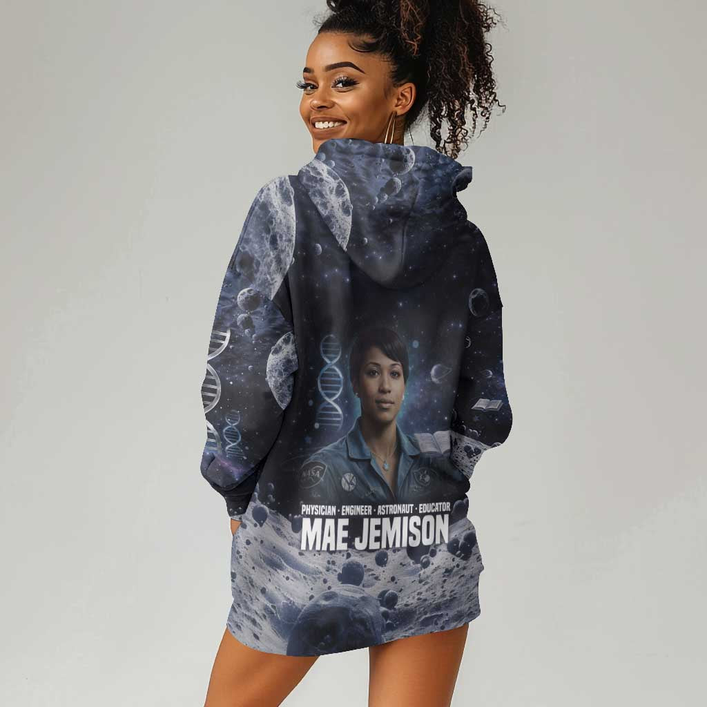 Mae Jemison Hoodie Dress with Space Portrait Design, Science Has No Boundaries Quote and DNA Book Elements - Wonder Print Shop
