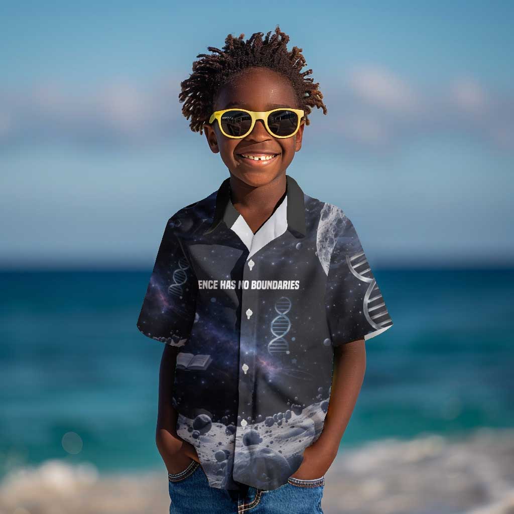 Mae Jemison Kid Hawaiian Shirt with Space Portrait Design, Science Has No Boundaries Quote and DNA Book Elements - Wonder Print Shop