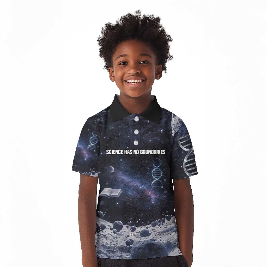 Mae Jemison Kid Polo Shirt with Space Portrait Design, Science Has No Boundaries Quote and DNA Book Elements - Wonder Print Shop