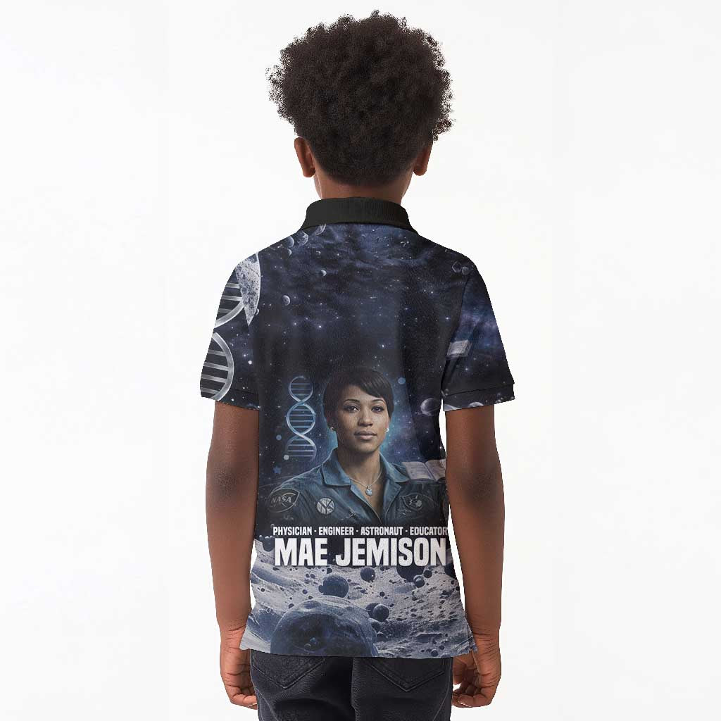 Mae Jemison Kid Polo Shirt with Space Portrait Design, Science Has No Boundaries Quote and DNA Book Elements - Wonder Print Shop