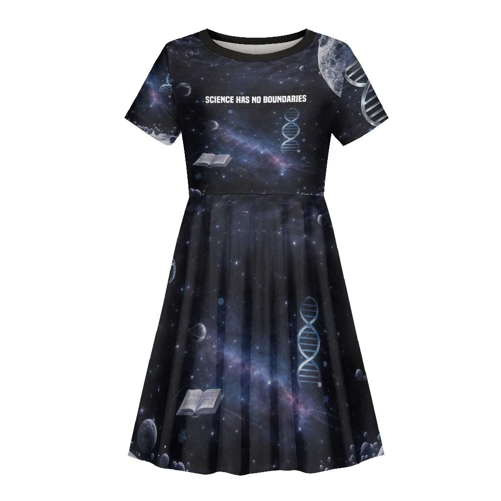 Mae Jemison Kid Short Sleeve Dress with Space Portrait Design, Science Has No Boundaries Quote and DNA Book Elements - Wonder Print Shop