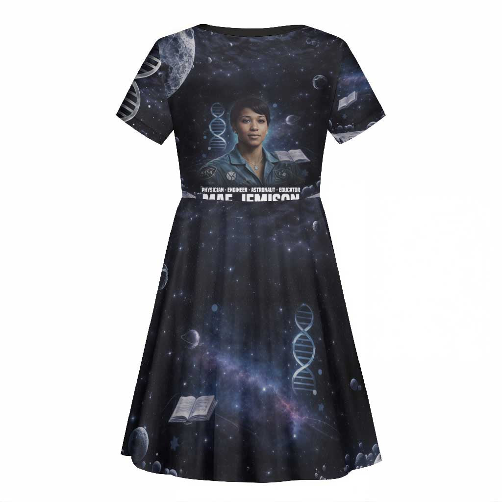 Mae Jemison Kid Short Sleeve Dress with Space Portrait Design, Science Has No Boundaries Quote and DNA Book Elements - Wonder Print Shop
