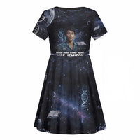 Mae Jemison Kid Short Sleeve Dress with Space Portrait Design, Science Has No Boundaries Quote and DNA Book Elements - Wonder Print Shop