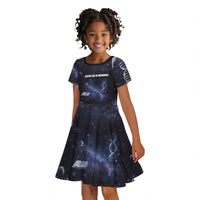 Mae Jemison Kid Short Sleeve Dress with Space Portrait Design, Science Has No Boundaries Quote and DNA Book Elements - Wonder Print Shop