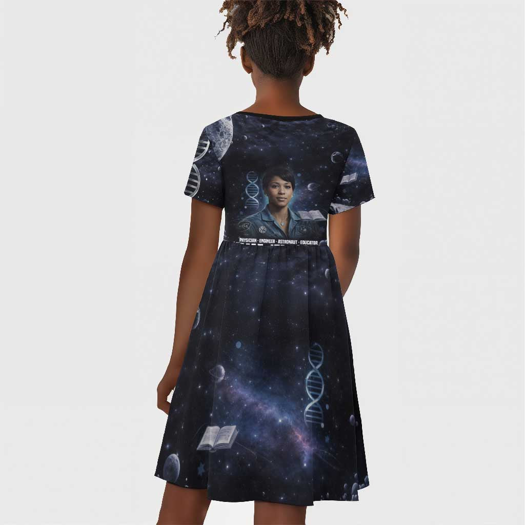 Mae Jemison Kid Short Sleeve Dress with Space Portrait Design, Science Has No Boundaries Quote and DNA Book Elements - Wonder Print Shop