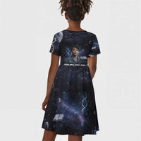 Mae Jemison Kid Short Sleeve Dress with Space Portrait Design, Science Has No Boundaries Quote and DNA Book Elements - Wonder Print Shop
