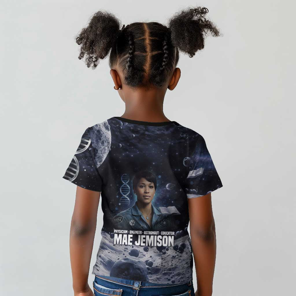 Mae Jemison Kid T shirt with Space Portrait Design, Science Has No Boundaries Quote and DNA Book Elements - Wonder Print Shop