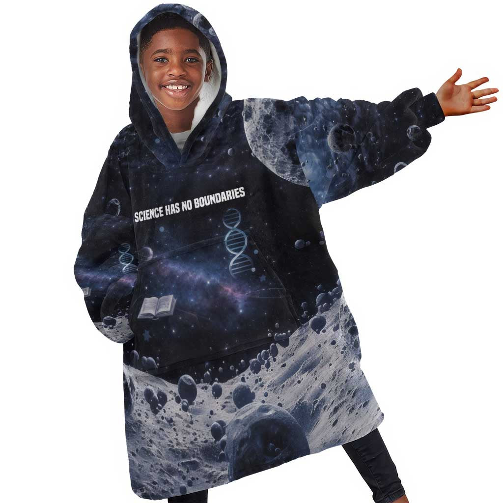 Mae Jemison Kid Wearable Blanket Hoodie with Space Portrait Design, Science Has No Boundaries Quote and DNA Book Elements - Wonder Print Shop