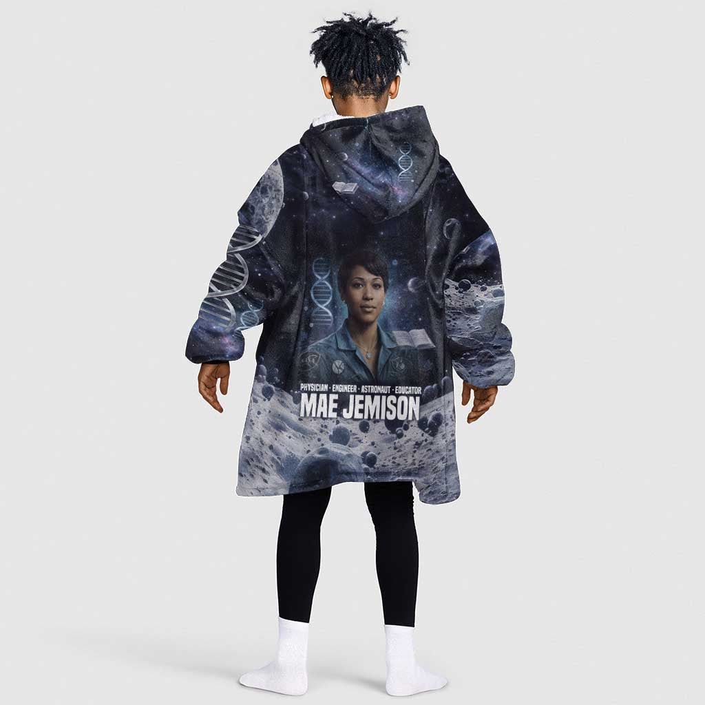 Mae Jemison Kid Wearable Blanket Hoodie with Space Portrait Design, Science Has No Boundaries Quote and DNA Book Elements - Wonder Print Shop