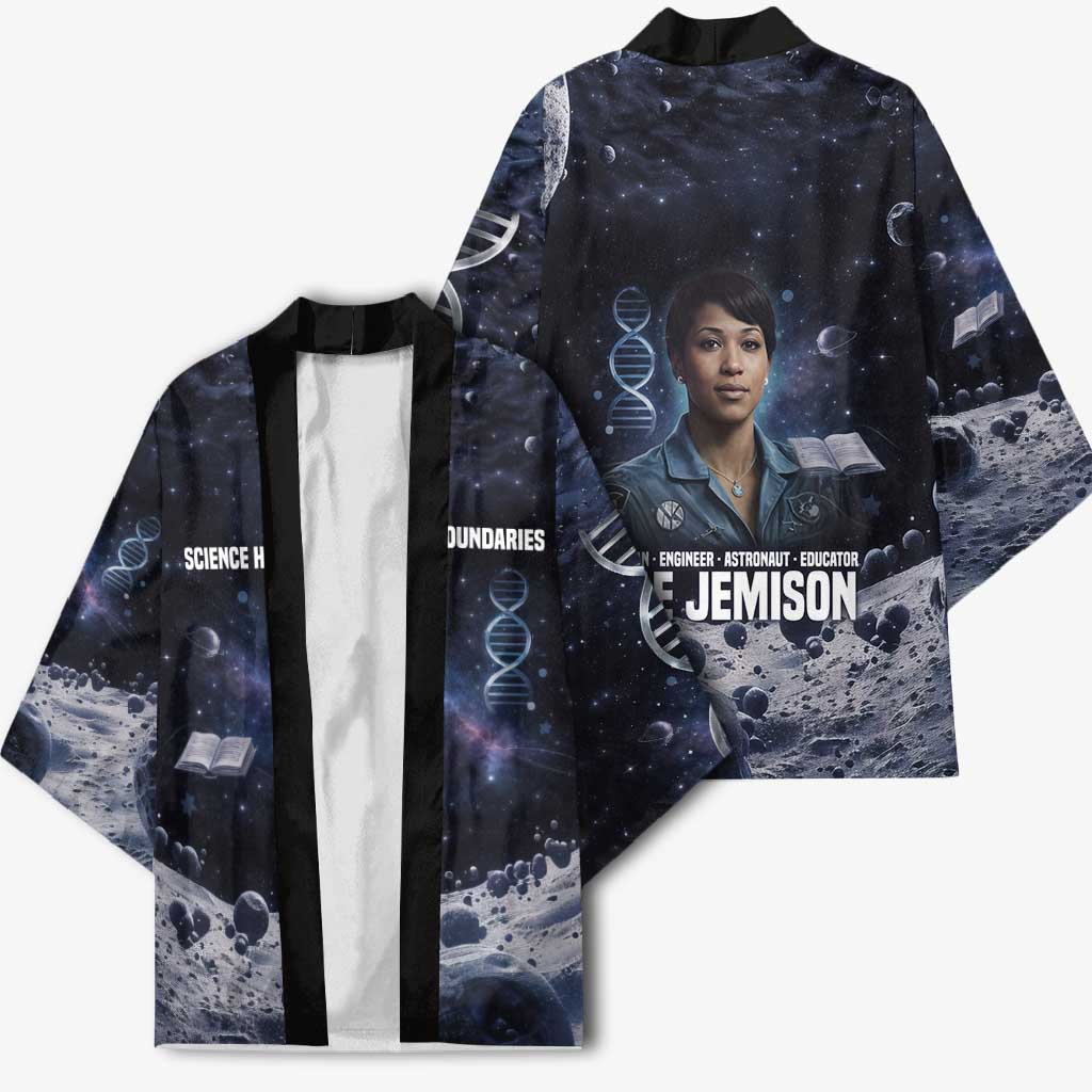 Mae Jemison Kimono with Space Portrait Design, Science Has No Boundaries Quote and DNA Book Elements - Wonder Print Shop