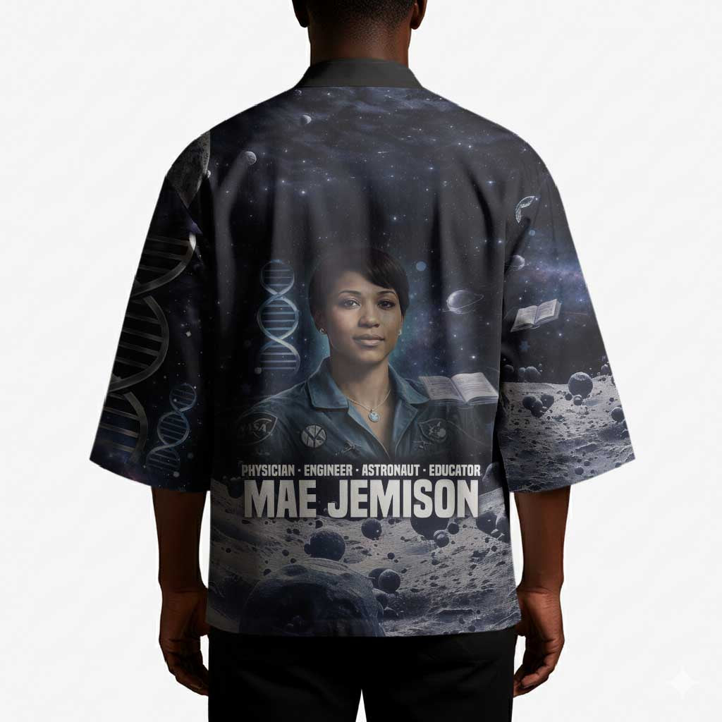 Mae Jemison Kimono with Space Portrait Design, Science Has No Boundaries Quote and DNA Book Elements - Wonder Print Shop