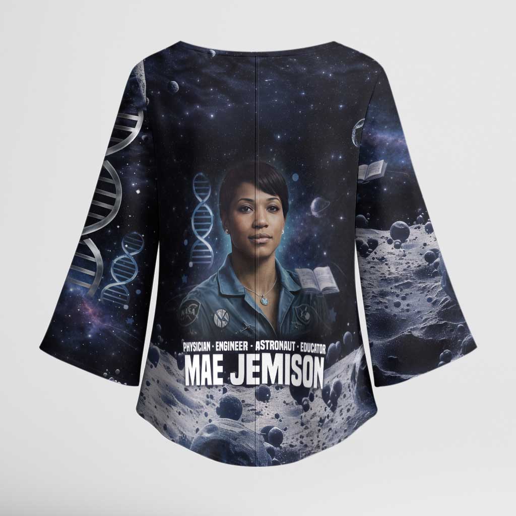 Mae Jemison Kimono Sleeve Blouse with Space Portrait Design, Science Has No Boundaries Quote and DNA Book Elements - Wonder Print Shop