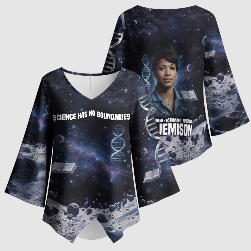 Mae Jemison Kimono Sleeve Blouse with Space Portrait Design, Science Has No Boundaries Quote and DNA Book Elements - Wonder Print Shop