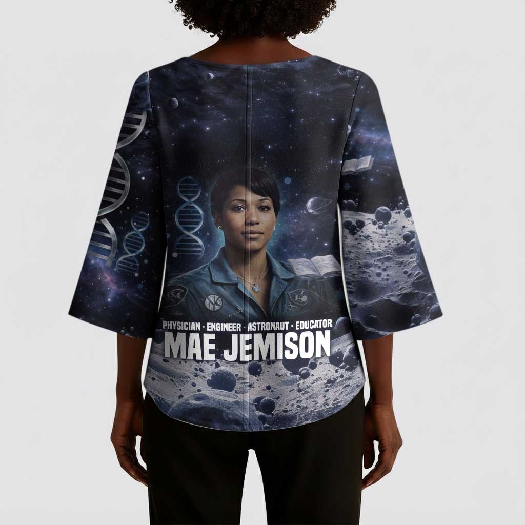 Mae Jemison Kimono Sleeve Blouse with Space Portrait Design, Science Has No Boundaries Quote and DNA Book Elements - Wonder Print Shop