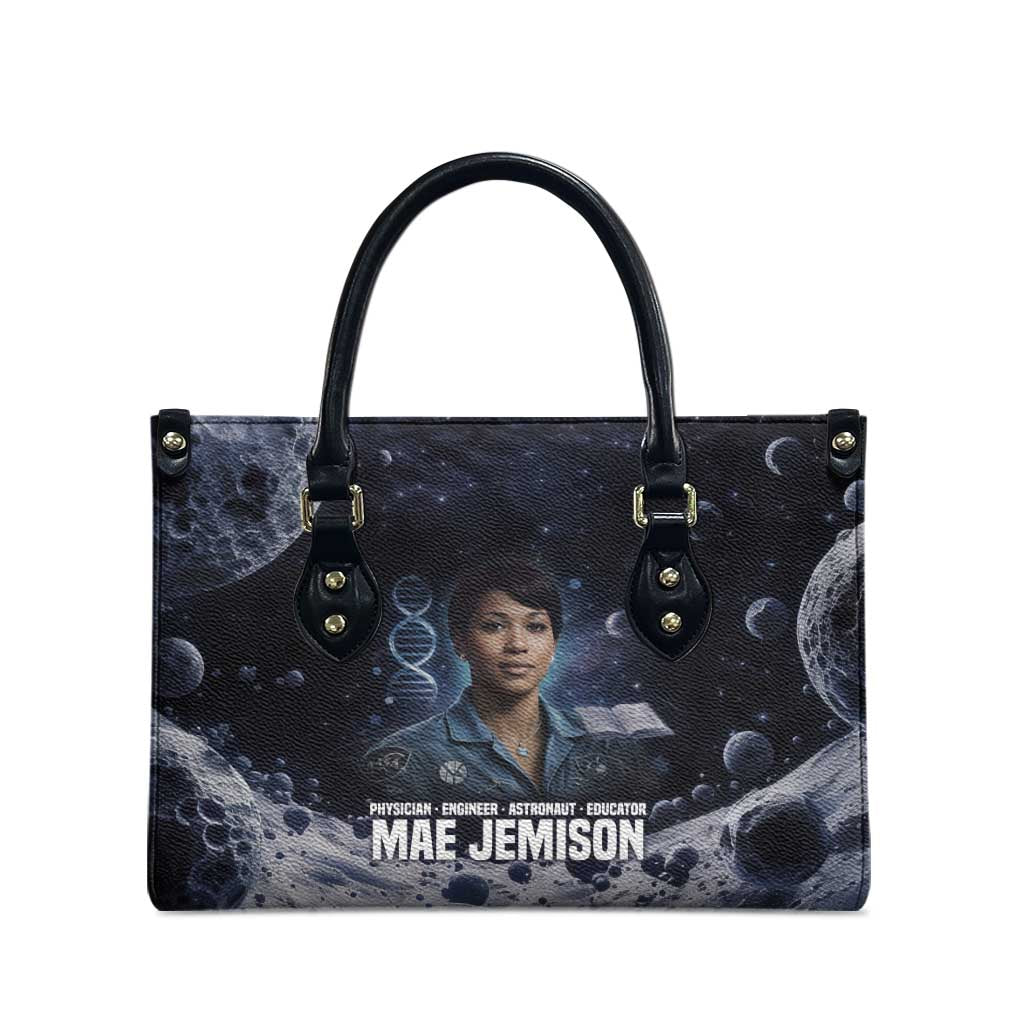 Mae Jemison Leather Bag with Space Portrait Design, Science Has No Boundaries Quote and DNA Book Elements - Wonder Print Shop