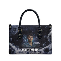 Mae Jemison Leather Bag with Space Portrait Design, Science Has No Boundaries Quote and DNA Book Elements - Wonder Print Shop