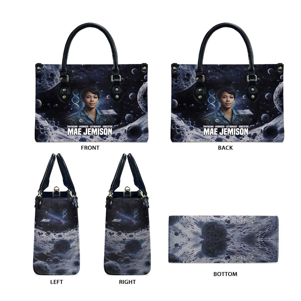 Mae Jemison Leather Bag with Space Portrait Design, Science Has No Boundaries Quote and DNA Book Elements - Wonder Print Shop